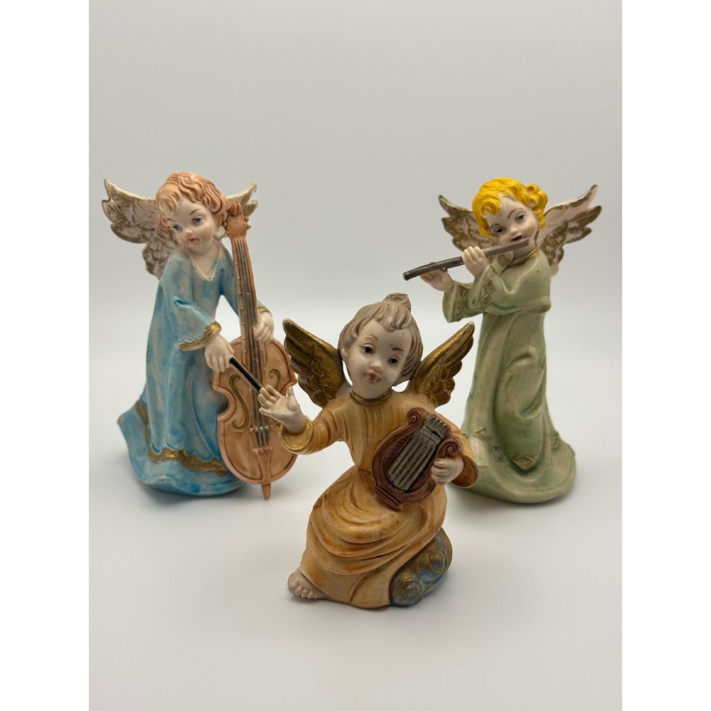 Vintage Italian Angel Figurines Set of 3 Musical Cello Flute Lyre Made in Italy